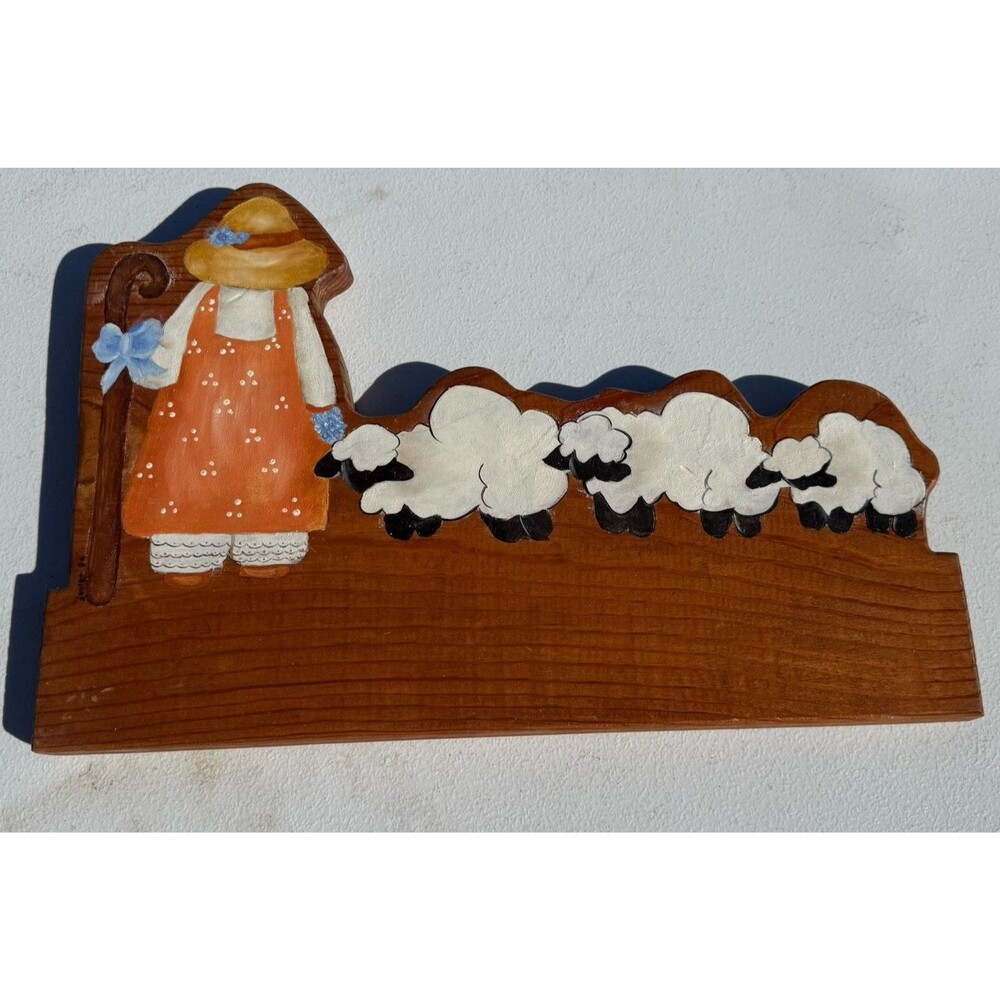 Vintage 1989 Signed Folk Art Wood Wall Plaque Shepherdess Girl Sheep Cottagecore